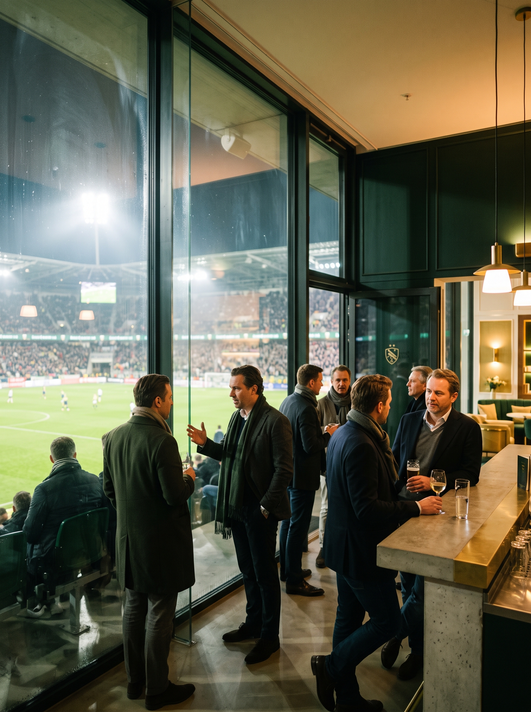Skybox guests at the glass over a floodlit pitch