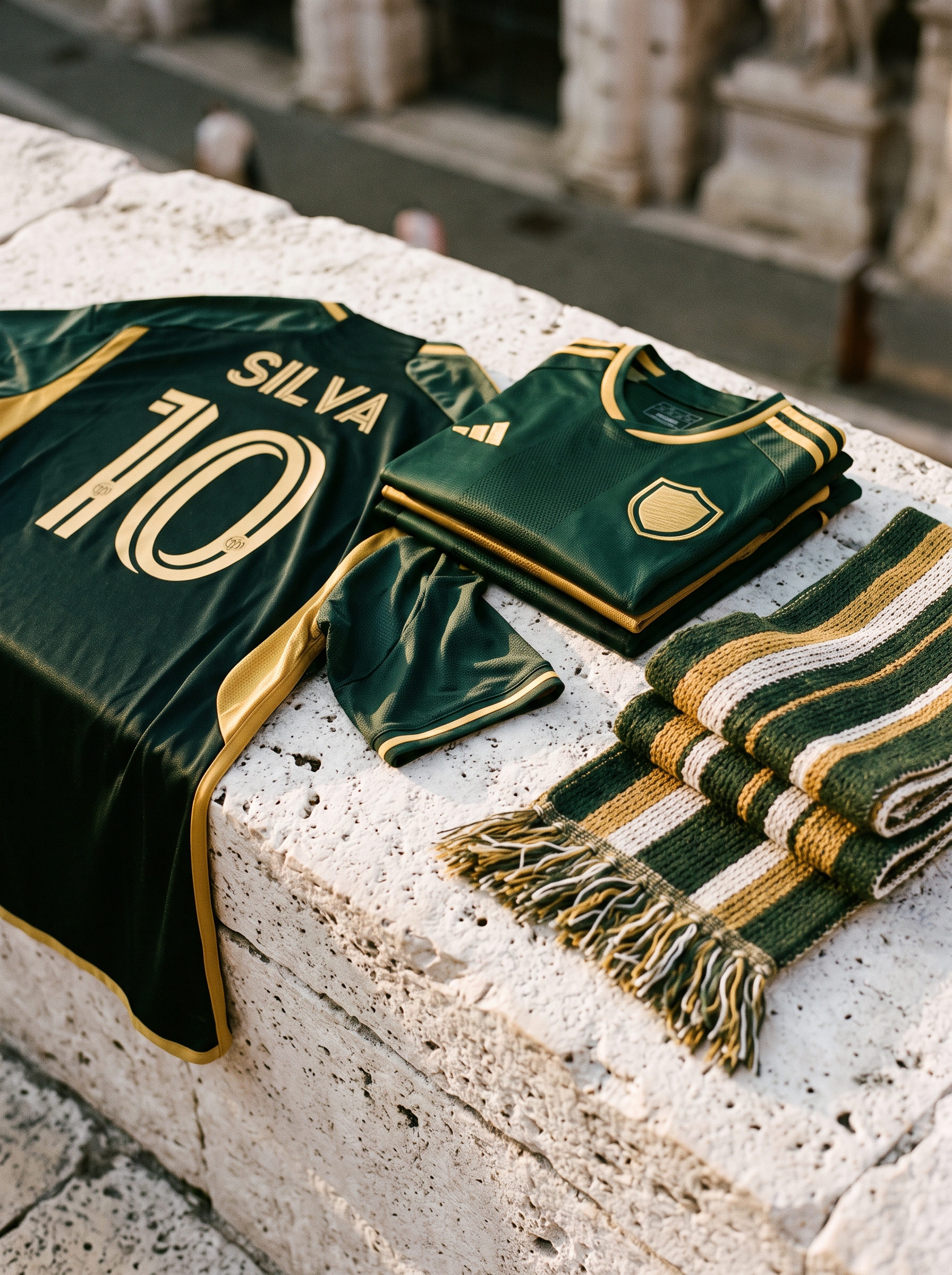 Folded green-and-gold shirts and a scarf on chalk stone
