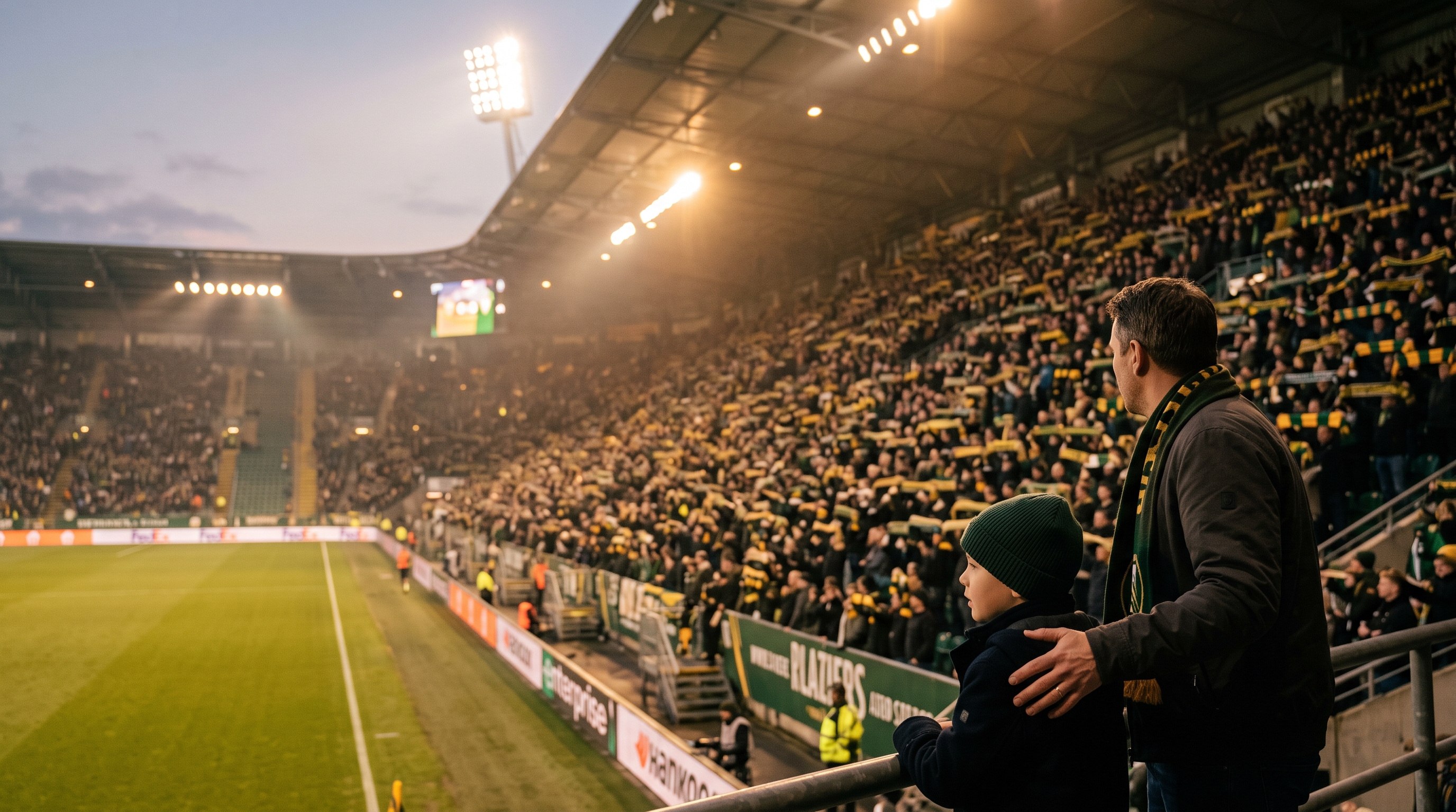 Packed stadium at dusk with fans holding scarves aloft